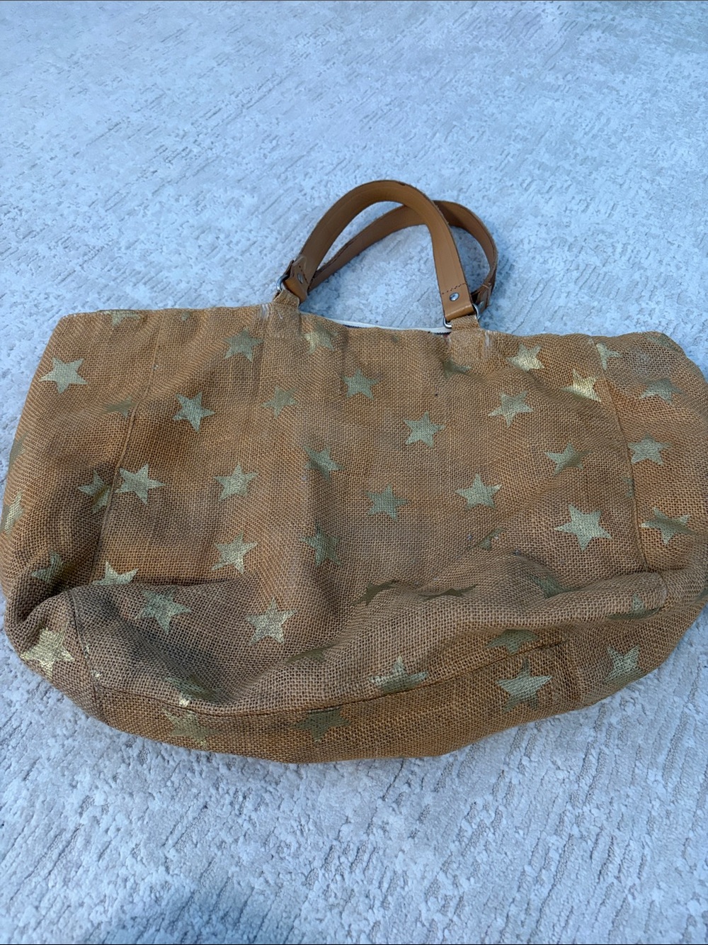 Star Mela Metallic Gold Star Canvas Tote with Tan Handles